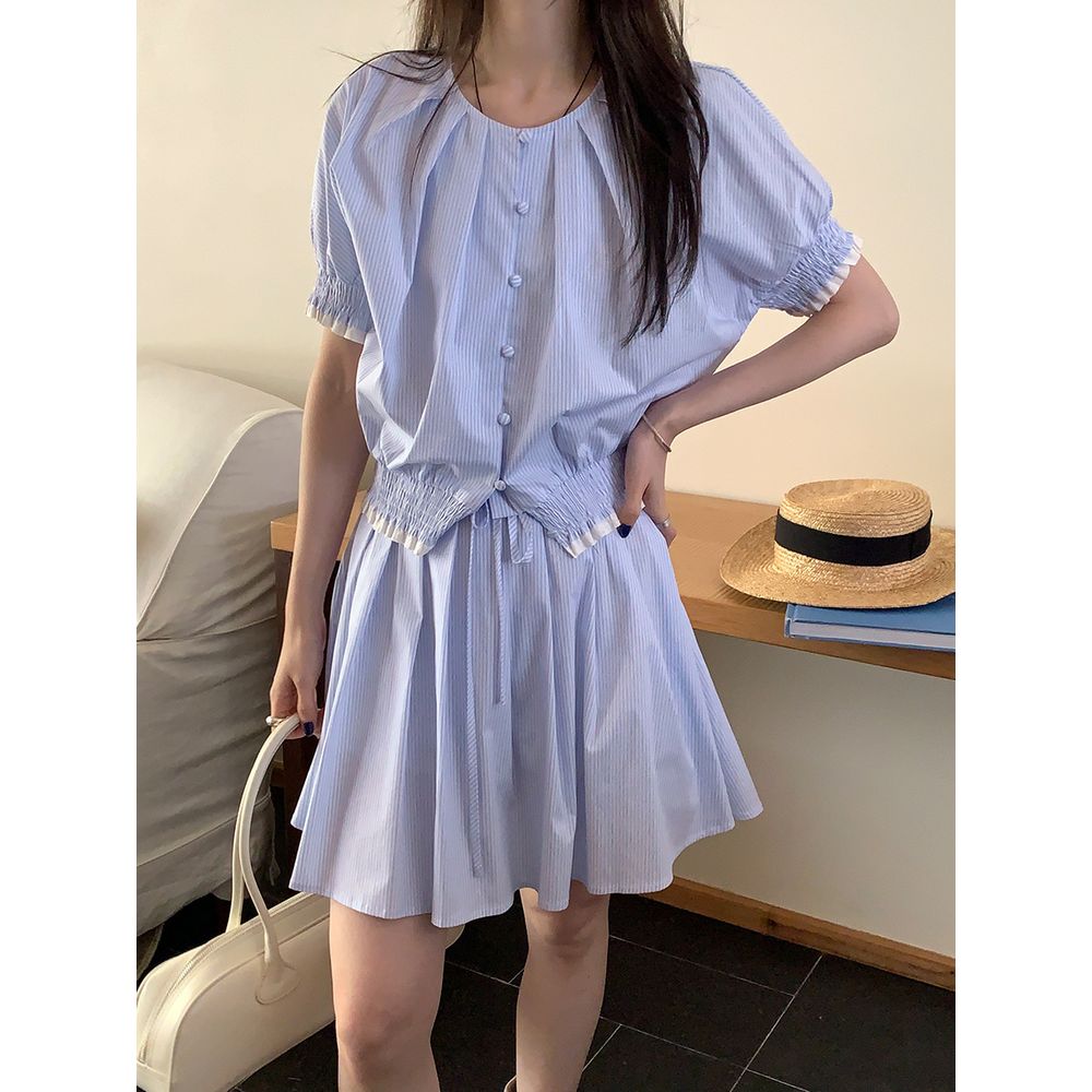 Fashion Striped Short-Sleeved Shirt High Waist A-Line Skirt